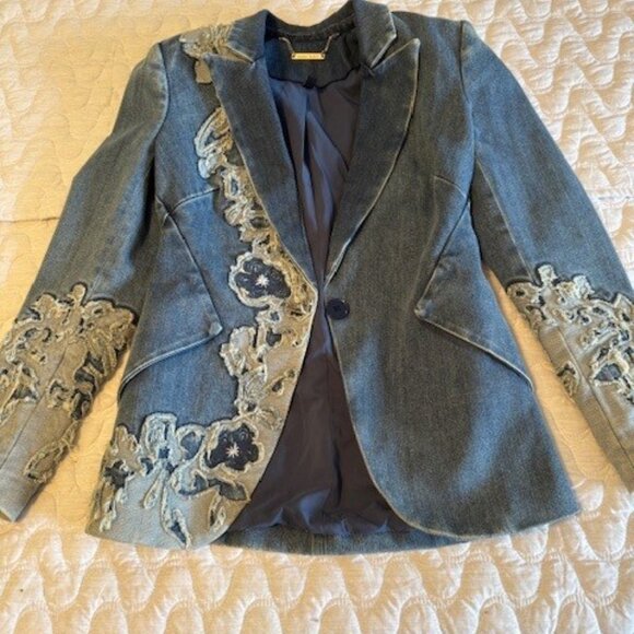 White House Black Market Denim & Lace 00P Editor Blazer - Picture 6 of 10